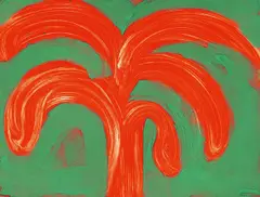 Indian Tree by Howard Hodgkin, 1991, Tiefdruck in Zinnoberrot und rotem Ocker (gemischt), handkoloriert mit Eitempera in Veroneser Grün auf Velin, sold Nov 2009