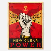 Shepard Fairey, New Clear Power, 2022, screenprint in colors and mixed media collage on panel, HPM