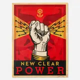 Shepard Fairey, New Clear Power, 2022, screenprint in colors and mixed media collage on panel, HPM