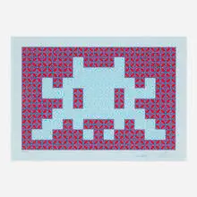 Invader and Shepard Fairey, Positive Space/Negative Space (Red/Blue) (from the Obey Invader series), 2026, screenprint in colors with embossing on cotton rag