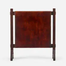 firescreen by Gustav Stickley, oak, leather, brass, sold Sep 2020