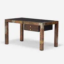 Paul Evans, Patchwork desk, c. 1970, welded and enameled copper, brass, and pewter, nail heads, slate