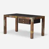 Patchwork desk by Paul Evans, c. 1970, welded and enameled copper, brass, and pewter, nail heads, slate, sold May 2020