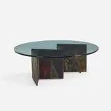 coffee table, model PE 11 by Paul Evans, 1972, welded and patinated steel, glass, sold May 2020