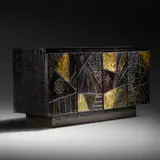 cabinet, model PE 40A by Paul Evans, 1973, welded, gilt and enameled steel, painted wood, slate, sold May 2020