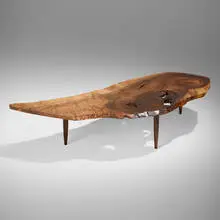 Coffee table by George Nakashima, 1959, claro walnut, American black walnut, sold Oct 2024
