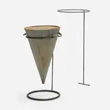 Wastepaper basket and ground stake from Shukna Lake, Chandigarh by Le Corbusier and Pierre Jeanneret, c. 1954-55, painted steel and iron, sold Oct 2024