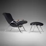 Vladimir Kagan, Multi-position Contour chair and ottoman, 1958 / 1979, stainless steel, upholstery, walnut