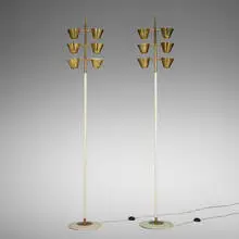 Floor lamps, pair by Pietro Chiesa, 1938, brass, enameled aluminum, glass, sold Oct 2024