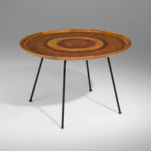 Coffee table by Giovanni (Nino) Zoncada, c. 1955, oak, walnut, mahogany, ash, painted steel, brass, sold Oct 2024