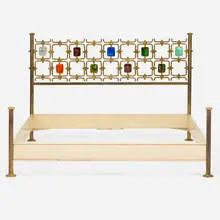 Bed by Osvaldo Borsani and Arnaldo Pomodoro, c. 1960, brass, fire-enameled brass, enameled steel, leather over steel, sold Oct 2024