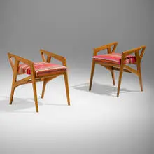 Stools model 687, pair by Gio Ponti, 1953, bleached mahogany, upholstery, sold Oct 2024