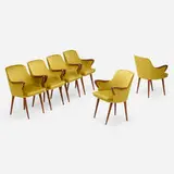 P38 dining chairs, set of six by Osvaldo Borsani, c. 1955, mahogany, silk upholstery, sold Oct 2024
