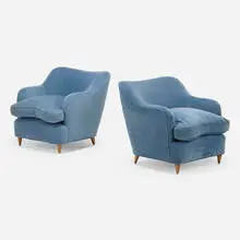 Lounge chairs, pair by Gio Ponti, upholstery, walnut, sold Oct 2024