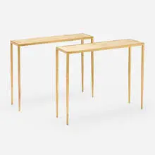 Consoles, pair by Jean-Michel Frank, c. 1930, gilt steel, lacquered vellum over wood, sold Oct 2024