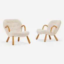 Arnold Madsen, Lounge chairs, pair, 1944, sheepskin, stained beech, leather