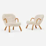 Arnold Madsen, Lounge chairs, pair, 1944, sheepskin, stained beech, leather