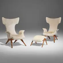Odine chairs, pair and ottoman by Vladimir Kagan, upholstery, walnut, sold Oct 2024