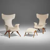 Odine chairs, pair and ottoman by Vladimir Kagan, upholstery, walnut, sold Oct 2024
