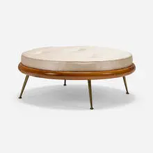 Coffee table, model 1784 by T. H. Robsjohn-Gibbings, c. 1955, upholstery, mahogany, brass, sold Oct 2024