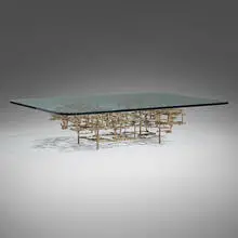 Daniel Gluck, Sculptural coffee table, c. 1970, sculpted bronze, glass
