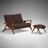 High Back Contour settee and ottoman by Vladimir Kagan, c. 1954, walnut, wool upholstery, leather, sold Oct 2024