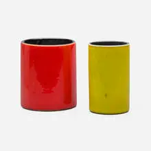 Cylinder vases, pair by Georges Jouve, 1955, glazed stoneware, sold Oct 2024
