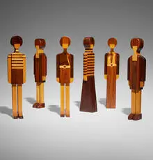 Pamela Girls, set of six by Pamela Weir-Quiton, c. 1965, walnut, vermilion, silver gray hardwood, maple, ebony, sold Oct 2024