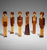 Pamela Girls, set of six by Pamela Weir-Quiton, c. 1965, walnut, vermilion, silver gray hardwood, maple, ebony, sold Oct 2024