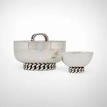 Jean Desprès, Lidded vessel and bowl, c. 1960, silver-plated metal