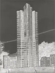 Curt Rehbein, Mies van der Rohe, Gläserner Wolkenkratzer, Modell mit Staffage von Oskar Herzog vor dem Gebäude des ehemaligen Kolonialmuseums. Nicht ausgeführtes Projekt von 1922, Original-Glasnegativ, 1922