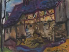 Altes Fachwerkhaus in Börnchen“ / „Karsdorf mit großem Baum im Juni by Curt Querner, 1959, Aquarell auf Papier, beidseitig, sold Jun 2023