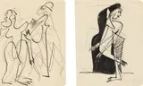 Mann und Frau / Auf einem Bein by Ernst Ludwig Kirchner, Um 1929, 2 Blatt: Jew. Tusche u. Bleistift auf Papier (aus einem Skizzenbuch), sold Jun 2019