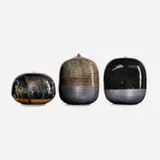 Closed Form vessels, set of three (with rattles) by Toshiko Takaezu, c. 1995, glazed porcelain, sold May 2020