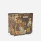 Patchwork bar cabinet by Paul Evans, c. 1970, patinated copper, bronze, and pewter, black laminate, sold May 2020