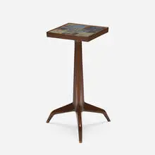 Edward Wormley, Janus occasional table, model 6047, 1960, lacquered mahogany, Tiffany glass tiles, brass
