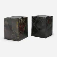 Cube tables, pair by Paul Evans, 1967, welded, polychromed, and patinated steel, slate, sold Oct 2024