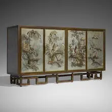 Philip and Kelvin Laverne, Rare Chinois cabinet, c. 1965, acid-etched brass over pewter and wood, patinated brass