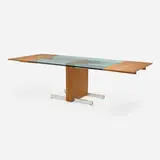 Glass Top Extension dining table, model 6705 by Vladimir Kagan, 1967, zebrawood, glass, aluminum, sold Oct 2024