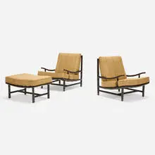 Frank Kyle, Lounge chairs, pair and ottoman, c. 1955, upholstery, mahogany, brass, enameled copper