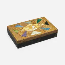 Lidded box by Richard Blow, c. 1960, hand-cut hardstone inlay, marble, sold Oct 2024