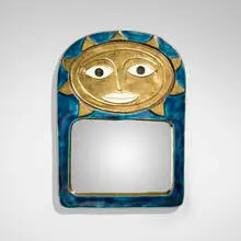 Wall mirror by Mithé Espelt, c. 1960, glazed and gilt earthenware, mirrored glass, sold Oct 2024
