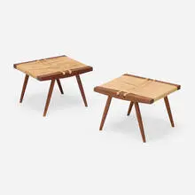 Grass-Seated stools, pair by George Nakashima, 1962, American black walnut, sea grass cord, paper cord, sold Oct 2024