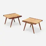 Grass-Seated stools, pair by George Nakashima, 1962, American black walnut, sea grass cord, paper cord, sold Oct 2024