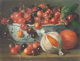 Fritz van den Daele, Früchtestillleben mit Kirschen und Apfelsinen, Öl auf Holz