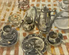 Wilhelm Schnarrenberger, schwarzes Kaffeegeschirr, 1947, Öl auf Leinwand