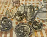 Wilhelm Schnarrenberger, schwarzes Kaffeegeschirr, 1947, Öl auf Leinwand
