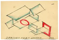 Farkas Molnár, Drachen Fest Weimar 1922, 1922, Lithografie, aquarelliert, auf leichtem Karton (Postkarte)