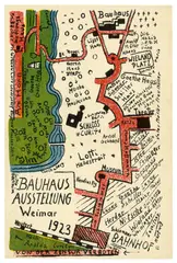 Kurt Schmidt, Karte zur Bauhaus Ausstellung Weimar 1923, 1923, Farblithografie auf leichtem Karton (Postkarte)