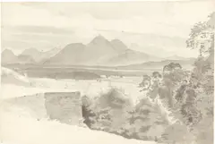 Bernhard Fries, Bergsee mit Doppelbergspitzen, Feder in Schwarz, grau laviert, auf Velin